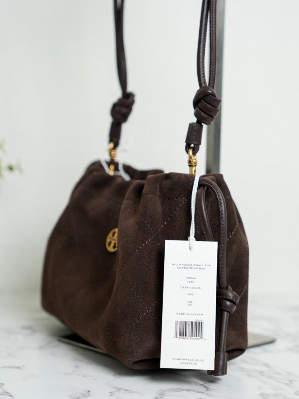 Tory Burch Willa Suede Small Drawstring Shoulder Crossbody Bag In Dark Cocoa NWT - Picture 8 of 11